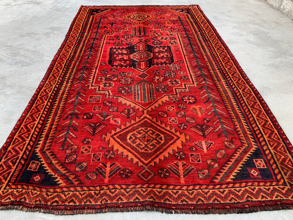 KBHM-1142 Handgeknoopt Perzisch wollen tapijt – 262 x 150 cm Rood, roestbruin & marineblauw tribaal geometrisch vloerkleed
