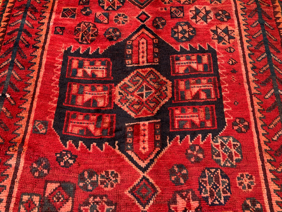 KBHM-1142 Handgeknoopt Perzisch wollen tapijt – 262 x 150 cm Rood, roestbruin & marineblauw tribaal geometrisch vloerkleed