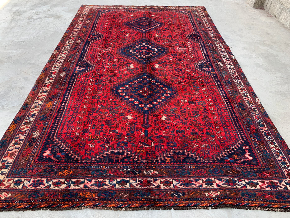 Handgeweven Perzisch wollen karpet 7x10 - Traditioneel Perzisch tapijt met medaillon in rood, marineblauw & ivoor - Exacte afmeting 310 cm x 188 cm (10'2" x 6'2") - KBHM-1143
