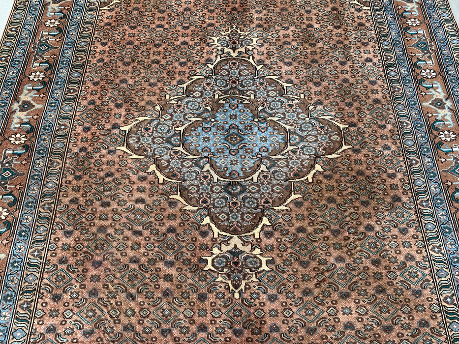Handgemaakt Perzisch wollen vloerkleed 213x305 cm - Taupe, blauw & bruin traditioneel medaillon Perzisch stijl kleed - Exacte afmeting 279 x 198 cm - KBHM-1144