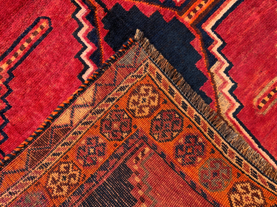 KBHM-1145 Hand-Knotted Persian Wool Rug – 7'9" x 4'5" Magenta, Black & Orange Tribal Geometric Area Rug