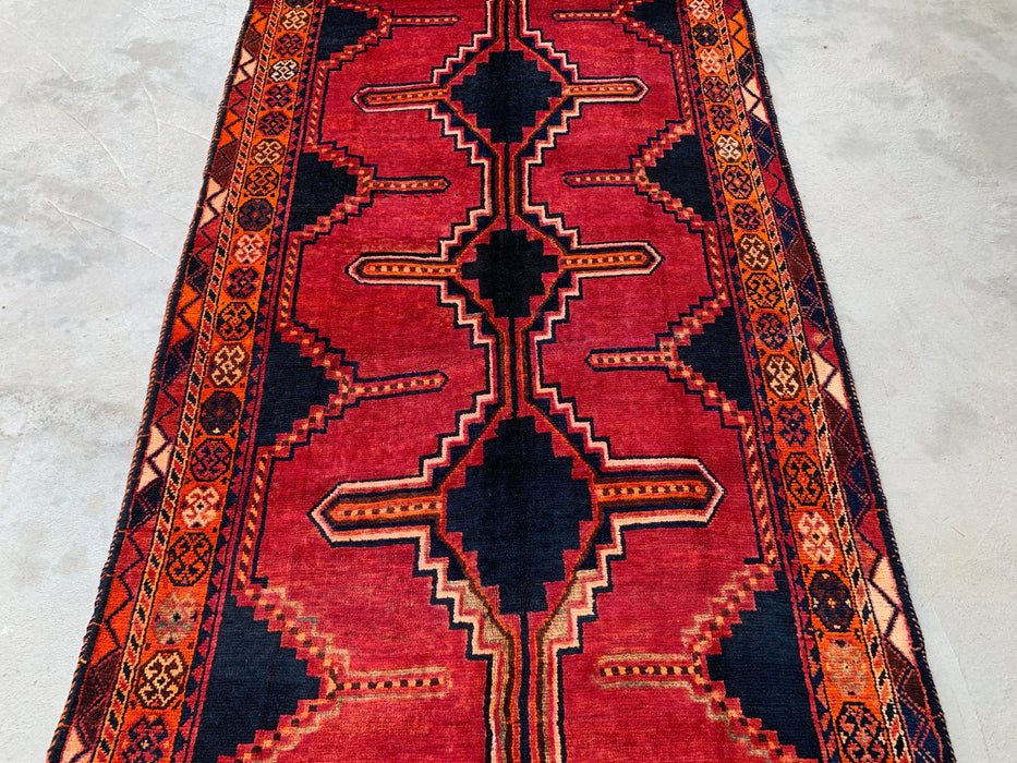 KBHM-1145 Hand-Knotted Persian Wool Rug – 7'9" x 4'5" Magenta, Black & Orange Tribal Geometric Area Rug