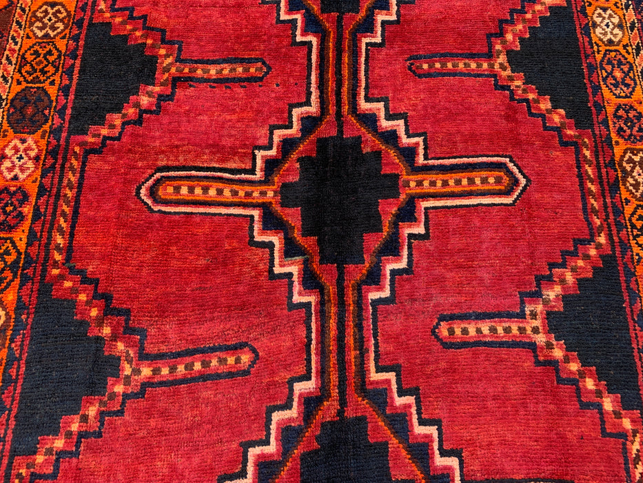 KBHM-1145 Hand-Knotted Persian Wool Rug – 7'9" x 4'5" Magenta, Black & Orange Tribal Geometric Area Rug