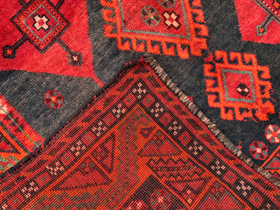 KBHM-1146 Handgeknoopt Perzisch wollen tapijt – 279 cm x 145 cm rood, zwart & groen tribaal geometrisch vloerkleed