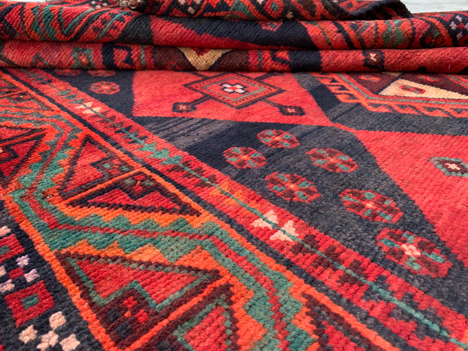 KBHM-1146 Handgeknoopt Perzisch wollen tapijt – 279 cm x 145 cm rood, zwart & groen tribaal geometrisch vloerkleed