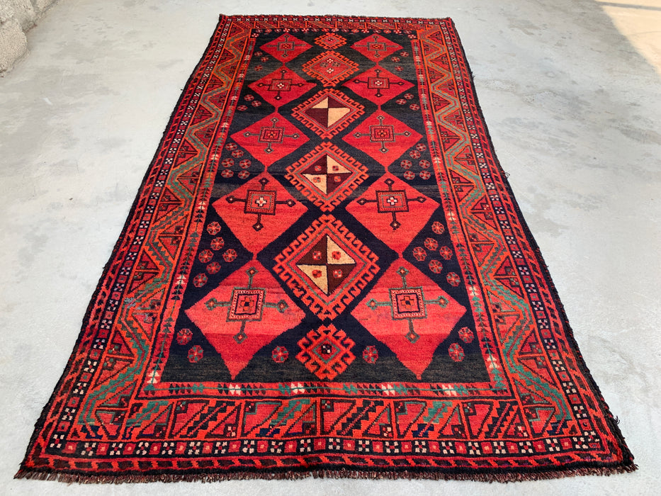 KBHM-1146 Handgeknoopt Perzisch wollen tapijt – 279 cm x 145 cm rood, zwart & groen tribaal geometrisch vloerkleed
