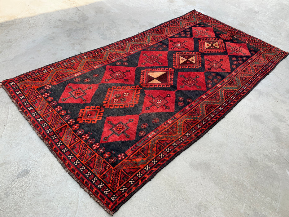 KBHM-1146 Handgeknoopt Perzisch wollen tapijt – 279 cm x 145 cm rood, zwart & groen tribaal geometrisch vloerkleed