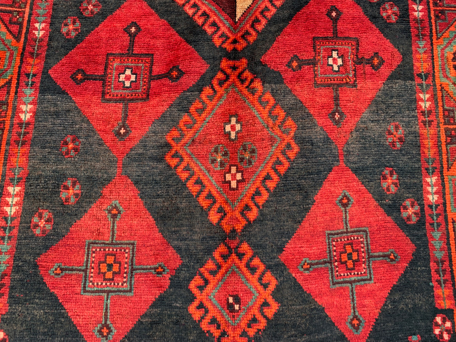 KBHM-1146 Handgeknoopt Perzisch wollen tapijt – 279 cm x 145 cm rood, zwart & groen tribaal geometrisch vloerkleed