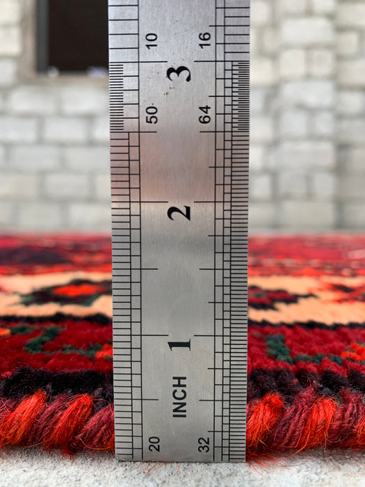 KBHM-1147 Handgeknoopt Perzisch wollen tapijt – 279 cm x 145 cm Rood, zwart & ivoorkleurig tribaal geometrisch vloerkleed
