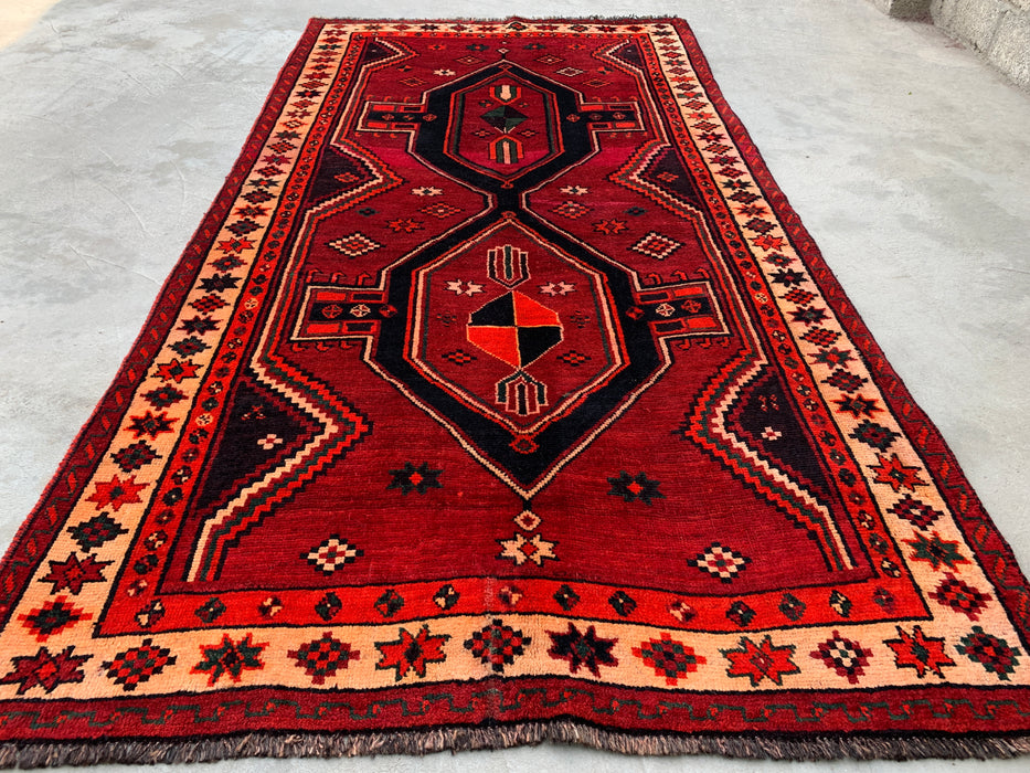 KBHM-1147 Handgeknoopt Perzisch wollen tapijt – 279 cm x 145 cm Rood, zwart & ivoorkleurig tribaal geometrisch vloerkleed