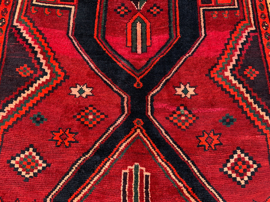 KBHM-1147 Handgeknoopt Perzisch wollen tapijt – 279 cm x 145 cm Rood, zwart & ivoorkleurig tribaal geometrisch vloerkleed