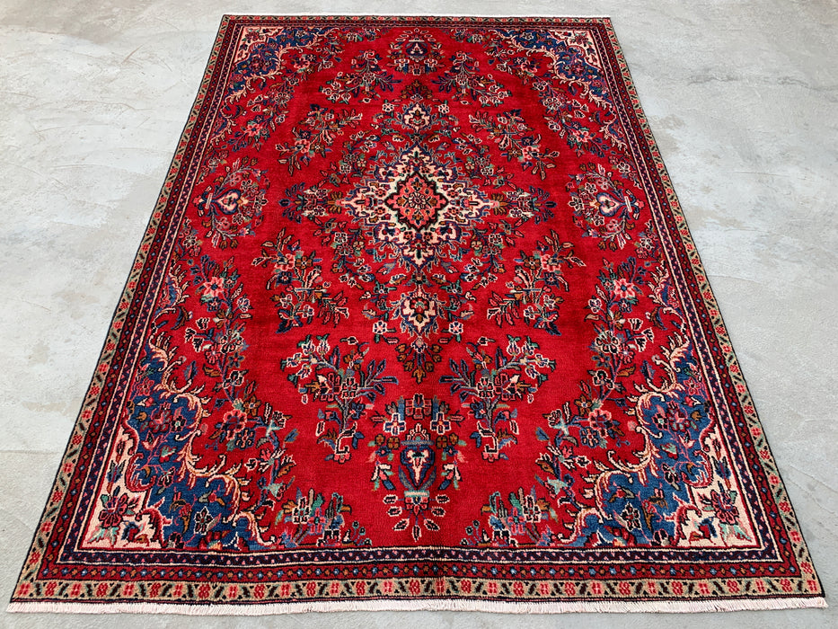 Handgemaakt Perzisch wollen vloerkleed 7x10 - Rood, blauw & ivoor traditioneel Perzisch bloemenkleed - Exacte afmeting 10'2" x 7'0" - KBHM-1149