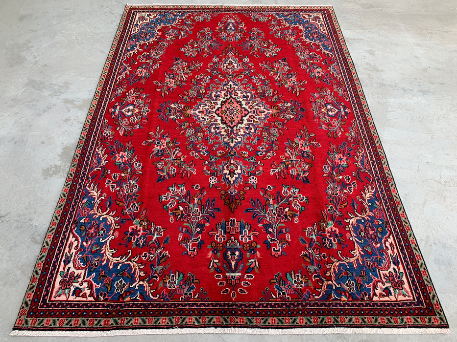 Handgemaakt Perzisch wollen vloerkleed 7x10 - Rood, blauw & ivoor traditioneel Perzisch bloemenkleed - Exacte afmeting 10'2" x 7'0" - KBHM-1149