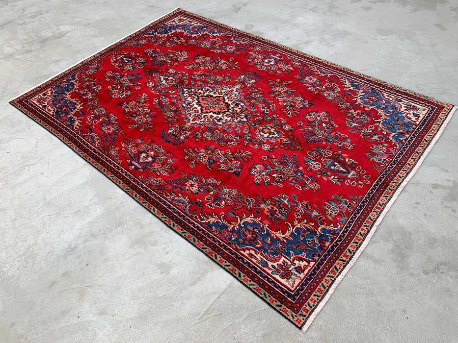 Handgemaakt Perzisch wollen vloerkleed 7x10 - Rood, blauw & ivoor traditioneel Perzisch bloemenkleed - Exacte afmeting 10'2" x 7'0" - KBHM-1149