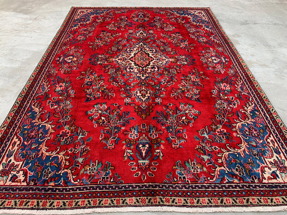 Handgemaakt Perzisch wollen vloerkleed 7x10 - Rood, blauw & ivoor traditioneel Perzisch bloemenkleed - Exacte afmeting 10'2" x 7'0" - KBHM-1149