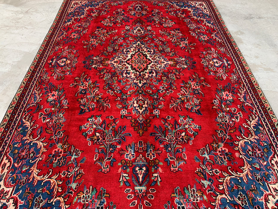 Handgemaakt Perzisch wollen vloerkleed 7x10 - Rood, blauw & ivoor traditioneel Perzisch bloemenkleed - Exacte afmeting 10'2" x 7'0" - KBHM-1149