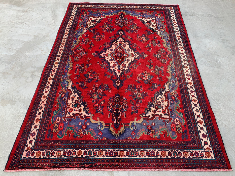 Handgemaakt Perzisch wollen vloerkleed 210x305 cm - Rood & marineblauw Perzisch tapijt met bloemenmedaillon - Exacte afmetingen 299 cm x 208 cm - KBHM-1152