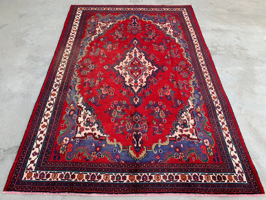 Handgemaakt Perzisch wollen vloerkleed 210x305 cm - Rood & marineblauw Perzisch tapijt met bloemenmedaillon - Exacte afmetingen 299 cm x 208 cm - KBHM-1152