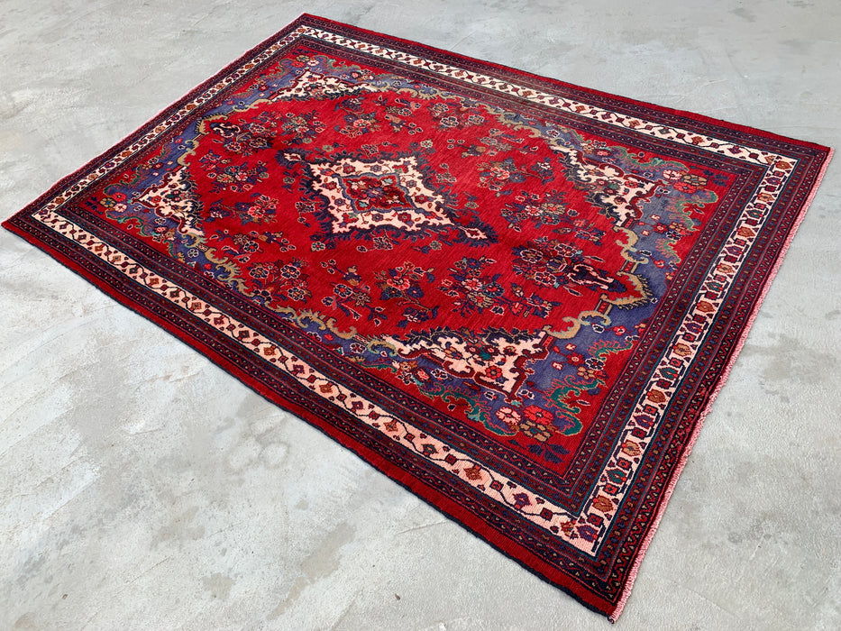 Handgemaakt Perzisch wollen vloerkleed 210x305 cm - Rood & marineblauw Perzisch tapijt met bloemenmedaillon - Exacte afmetingen 299 cm x 208 cm - KBHM-1152