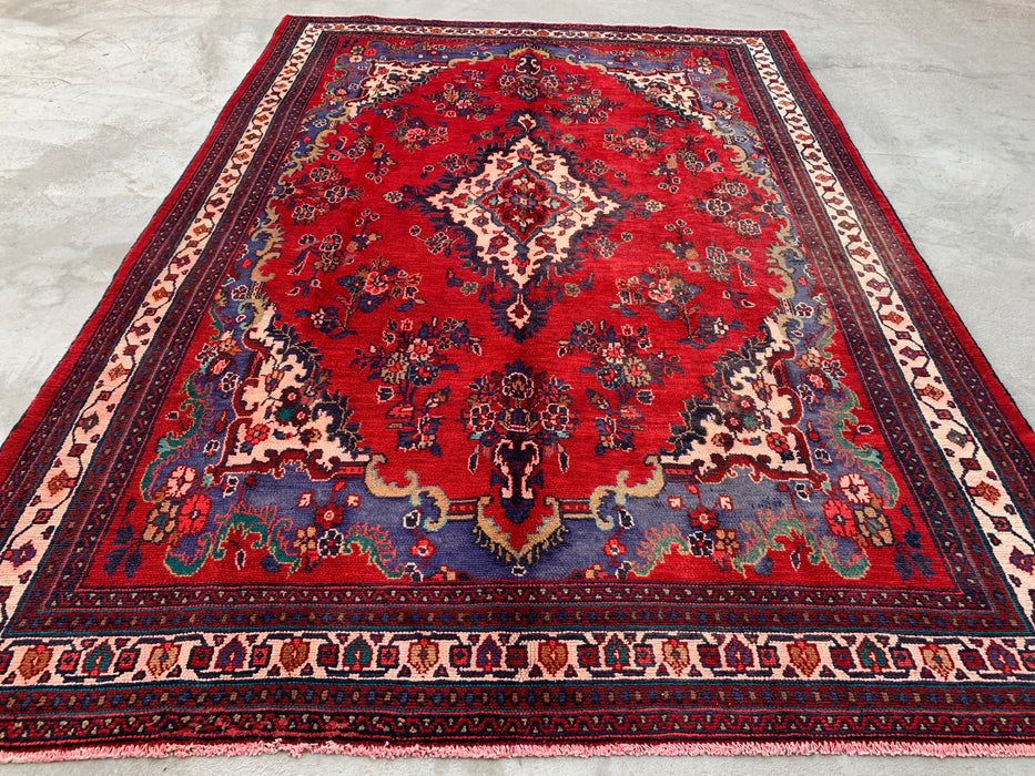 Handgemaakt Perzisch wollen vloerkleed 210x305 cm - Rood & marineblauw Perzisch tapijt met bloemenmedaillon - Exacte afmetingen 299 cm x 208 cm - KBHM-1152