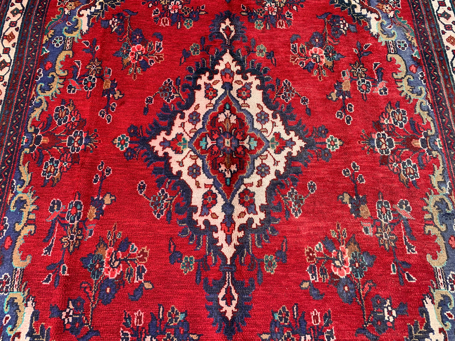 Handgemaakt Perzisch wollen vloerkleed 210x305 cm - Rood & marineblauw Perzisch tapijt met bloemenmedaillon - Exacte afmetingen 299 cm x 208 cm - KBHM-1152