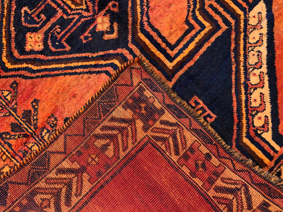 KBHM-1156 Handgeknoopt Perzisch wollen vloerkleed – 259 x 142 cm Roest, oranje & marineblauw tribaal geometrisch vloerkleed