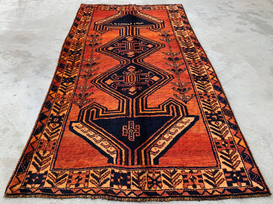 KBHM-1156 Handgeknoopt Perzisch wollen vloerkleed – 259 x 142 cm Roest, oranje & marineblauw tribaal geometrisch vloerkleed