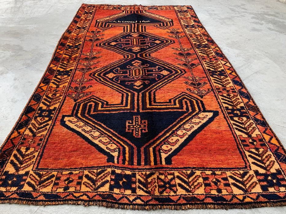 KBHM-1156 Handgeknoopt Perzisch wollen vloerkleed – 259 x 142 cm Roest, oranje & marineblauw tribaal geometrisch vloerkleed
