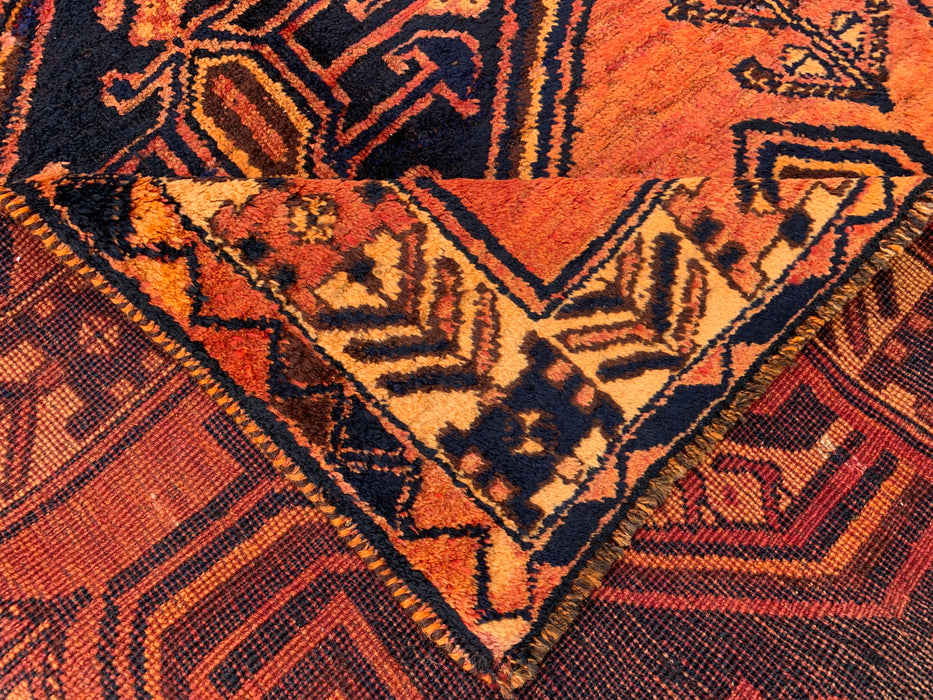 KBHM-1156 Handgeknoopt Perzisch wollen vloerkleed – 259 x 142 cm Roest, oranje & marineblauw tribaal geometrisch vloerkleed