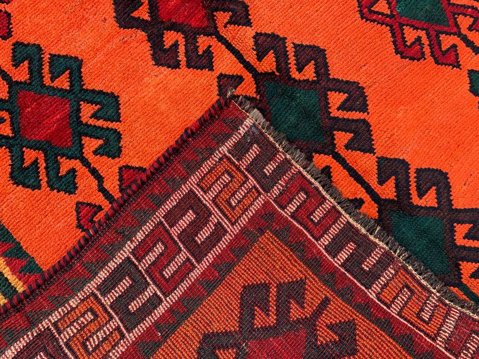 KBHM-1157 Handgeknoopt Perzisch wollen tapijt – 287 cm x 152 cm oranje, groen & bordeauxrood tribaal geometrisch vloerkleed
