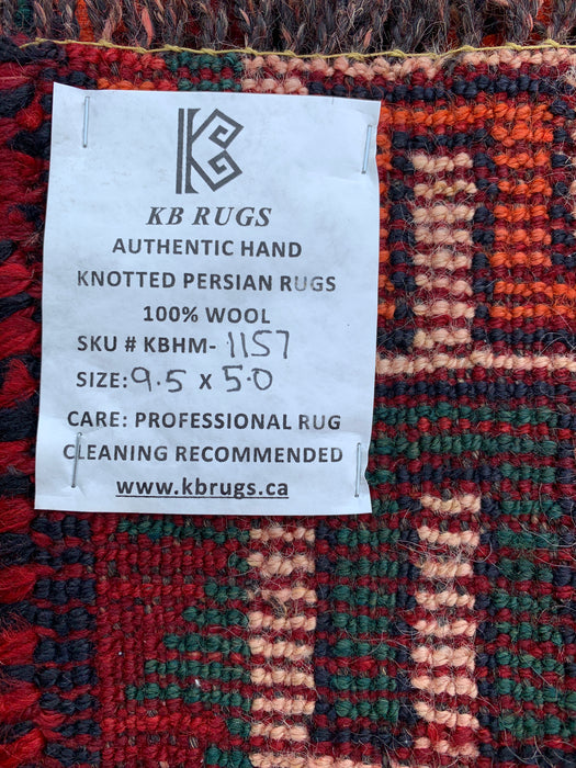 KBHM-1157 Handgeknoopt Perzisch wollen tapijt – 287 cm x 152 cm oranje, groen & bordeauxrood tribaal geometrisch vloerkleed