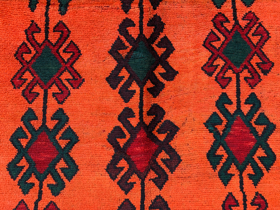 KBHM-1157 Handgeknoopt Perzisch wollen tapijt – 287 cm x 152 cm oranje, groen & bordeauxrood tribaal geometrisch vloerkleed