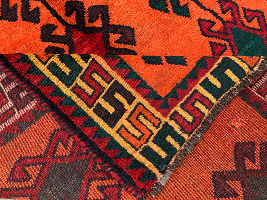 KBHM-1157 Handgeknoopt Perzisch wollen tapijt – 287 cm x 152 cm oranje, groen & bordeauxrood tribaal geometrisch vloerkleed