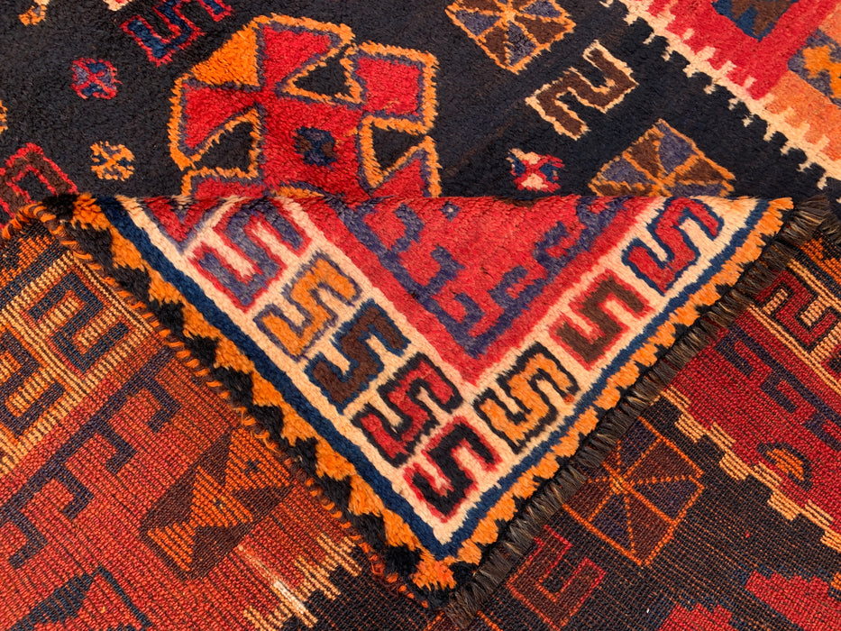8'10 x 5'0 Hand-Knotted Persian Wool Rug in Orange, Navy & Red Tribal Geometric Design | KBHM-1158