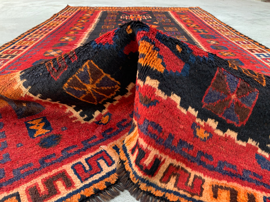 8'10 x 5'0 Hand-Knotted Persian Wool Rug in Orange, Navy & Red Tribal Geometric Design | KBHM-1158