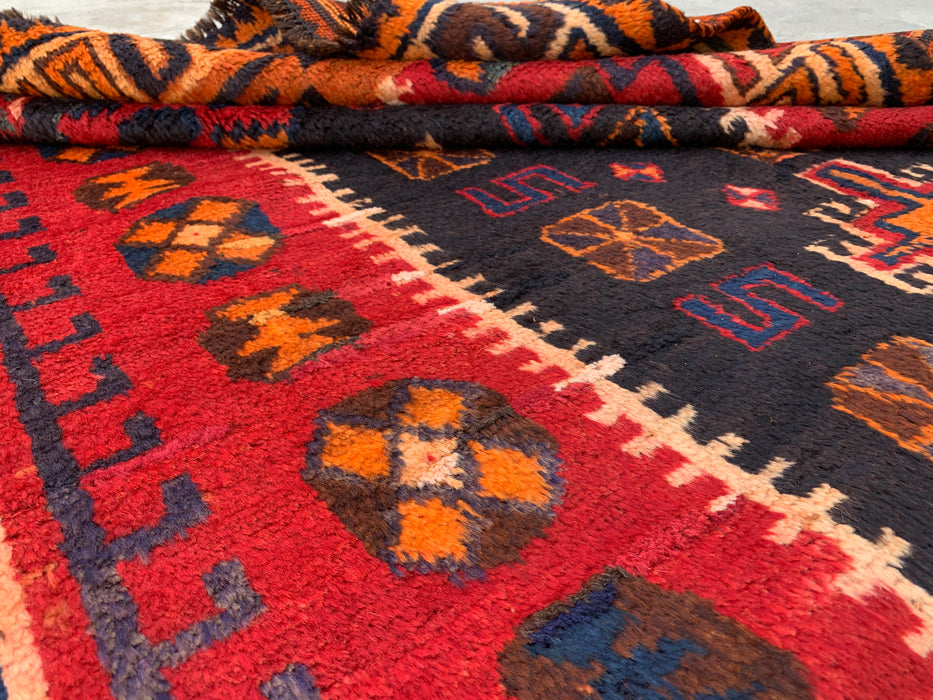8'10 x 5'0 Hand-Knotted Persian Wool Rug in Orange, Navy & Red Tribal Geometric Design | KBHM-1158