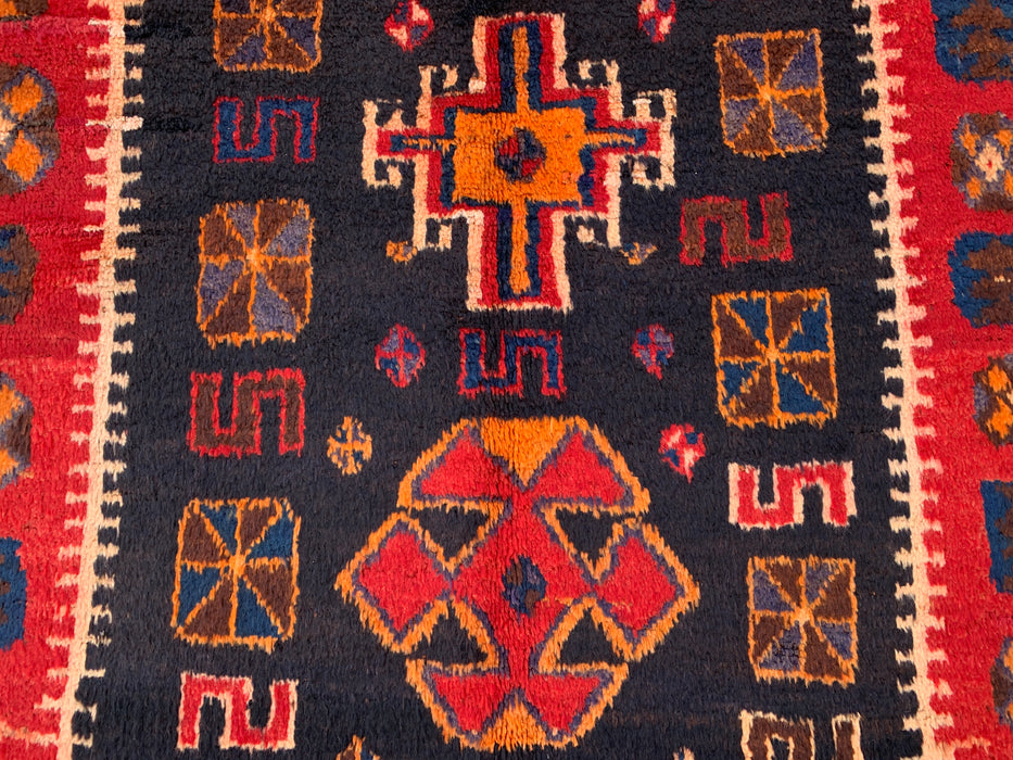 8'10 x 5'0 Hand-Knotted Persian Wool Rug in Orange, Navy & Red Tribal Geometric Design | KBHM-1158