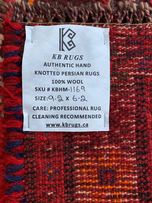 Handgemaakt Perzisch wollen vloerkleed 7x10 - Rood tribaal vintage Perzisch stijl tapijt - Exacte afmetingen 9'2" x 6'2" - KBHM-1169