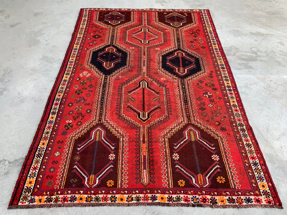 Handgemaakt Perzisch wollen vloerkleed 7x10 - Rood tribaal vintage Perzisch stijl tapijt - Exacte afmetingen 9'2" x 6'2" - KBHM-1169