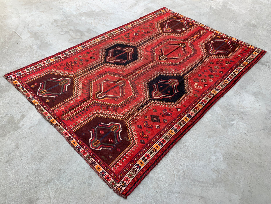 Handgemaakt Perzisch wollen vloerkleed 7x10 - Rood tribaal vintage Perzisch stijl tapijt - Exacte afmetingen 9'2" x 6'2" - KBHM-1169