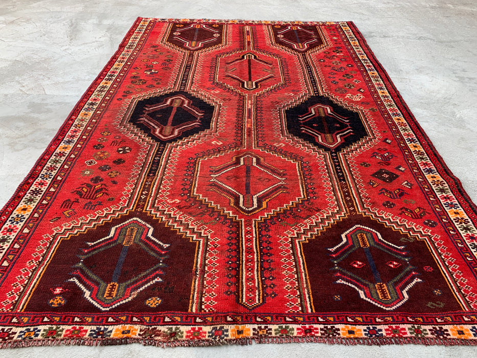 Handgemaakt Perzisch wollen vloerkleed 7x10 - Rood tribaal vintage Perzisch stijl tapijt - Exacte afmetingen 9'2" x 6'2" - KBHM-1169