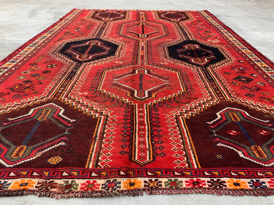 Handgemaakt Perzisch wollen vloerkleed 7x10 - Rood tribaal vintage Perzisch stijl tapijt - Exacte afmetingen 9'2" x 6'2" - KBHM-1169