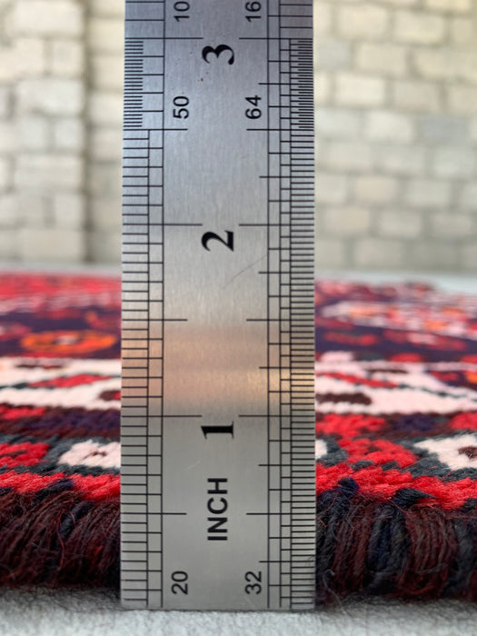 Handgeknoopt Perzisch wollen vloerkleed 241 x 145 cm rood/marineblauw tribaal karpet - KBHM-1170