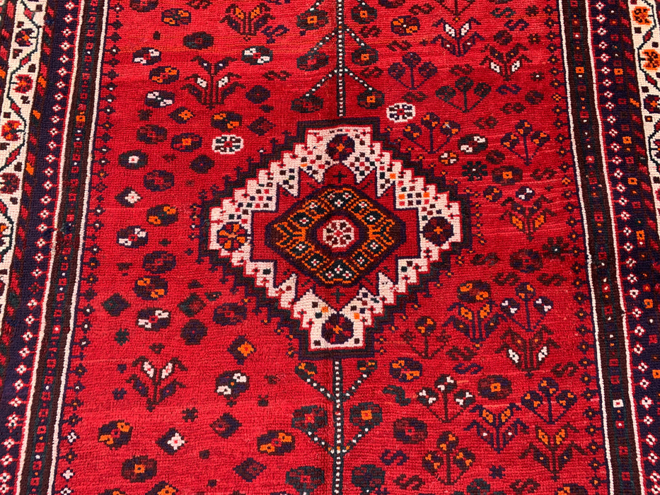 Handgeknoopt Perzisch wollen vloerkleed 241 x 145 cm rood/marineblauw tribaal karpet - KBHM-1170