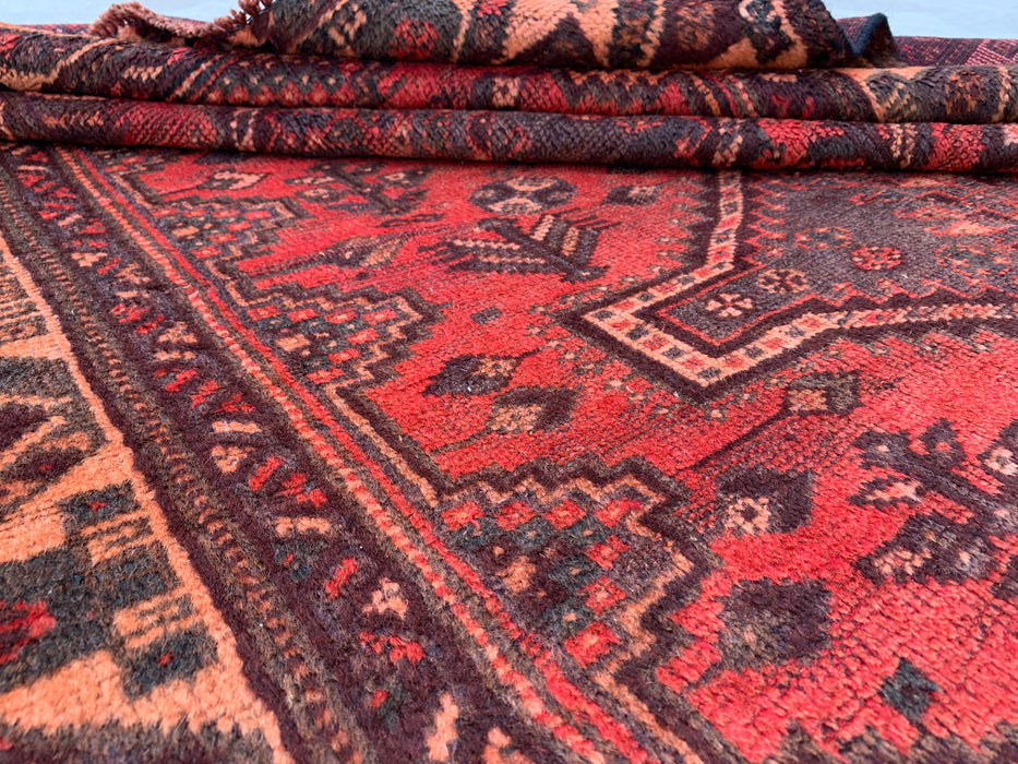 KBHM-1174 Handgeknoopt Perzisch wollen tapijt – 226 x 140 cm Rood, bruin & perzik tribaal medaillon vloerkleed