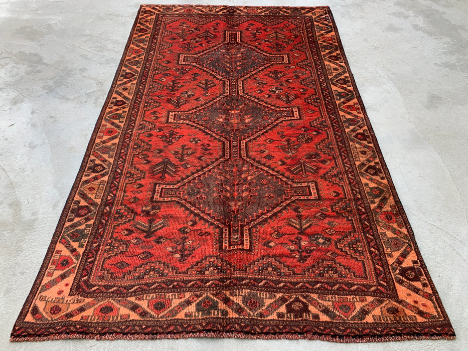 KBHM-1174 Handgeknoopt Perzisch wollen tapijt – 226 x 140 cm Rood, bruin & perzik tribaal medaillon vloerkleed