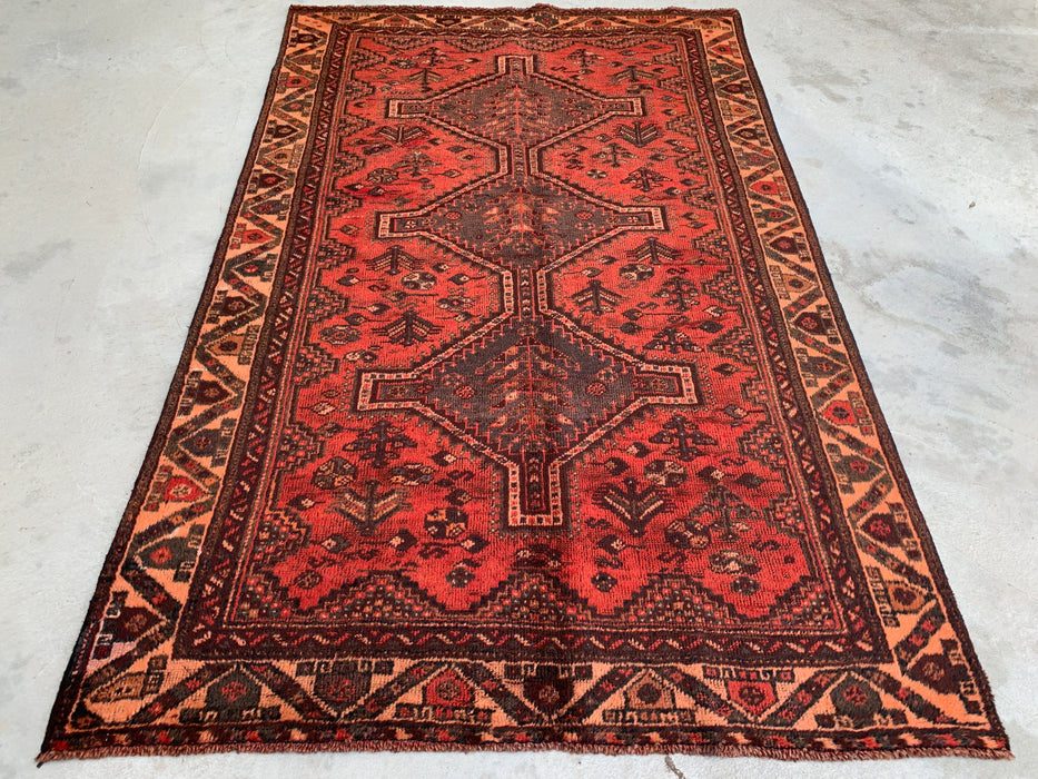KBHM-1174 Handgeknoopt Perzisch wollen tapijt – 226 x 140 cm Rood, bruin & perzik tribaal medaillon vloerkleed
