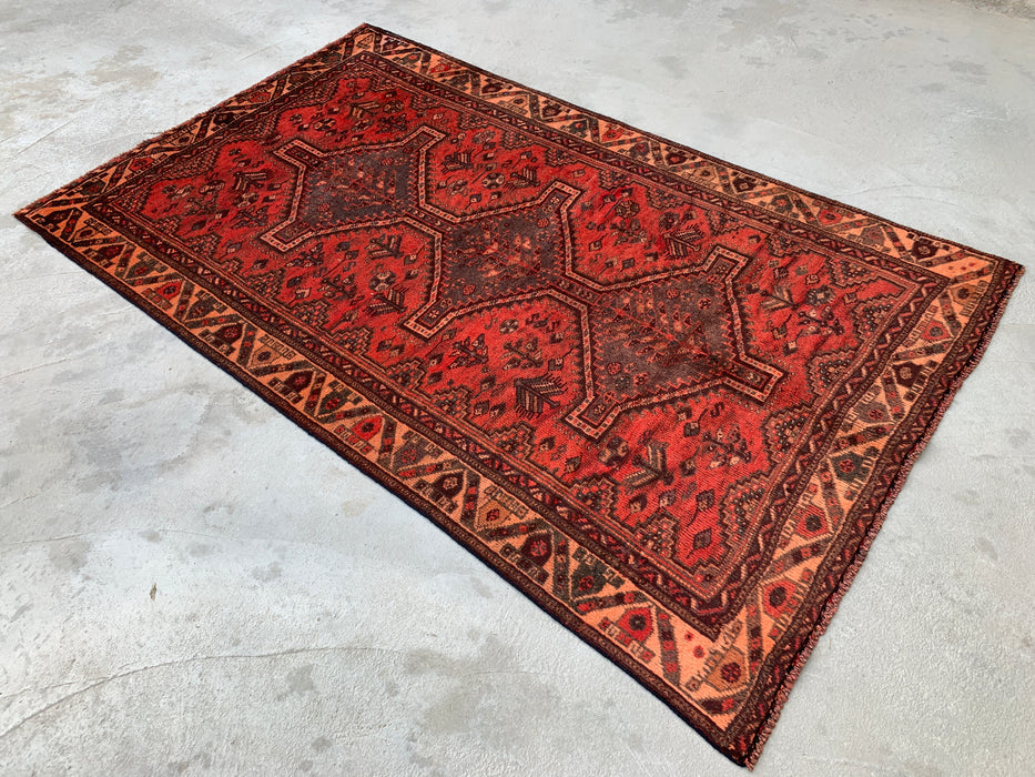 KBHM-1174 Handgeknoopt Perzisch wollen tapijt – 226 x 140 cm Rood, bruin & perzik tribaal medaillon vloerkleed