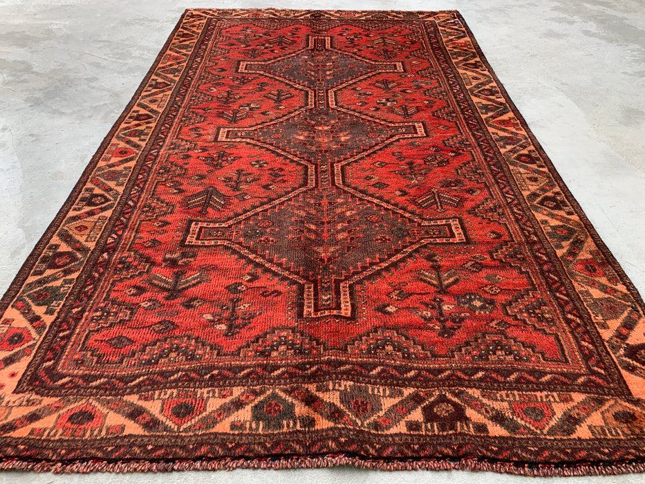 KBHM-1174 Handgeknoopt Perzisch wollen tapijt – 226 x 140 cm Rood, bruin & perzik tribaal medaillon vloerkleed