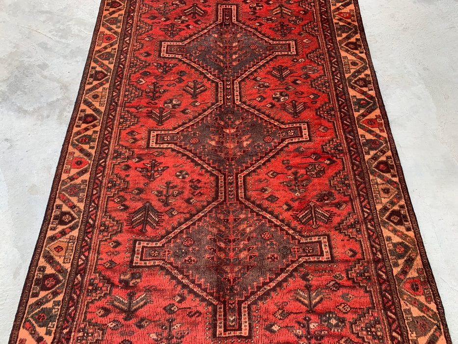 KBHM-1174 Handgeknoopt Perzisch wollen tapijt – 226 x 140 cm Rood, bruin & perzik tribaal medaillon vloerkleed